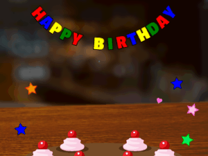 Happy Birthday GIF:chocolate Cake, flying hearts on a pub background