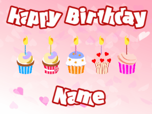 Happy Birthday GIF:Cupcakes for Birthday,pink hearts background,white & red text