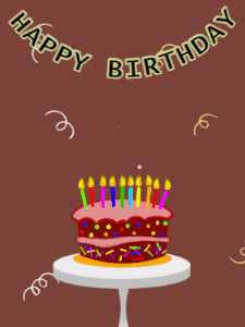 Happy Birthday GIF:Birthday GIF,cartoon cake,brown background,stars & confetti