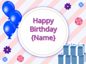 Happy Birthday GIF:blue Balloons, blue gift boxes, purple text