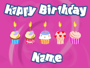 Happy Birthday GIF:Cupcakes for Birthday,purple swirl background,white & navy text