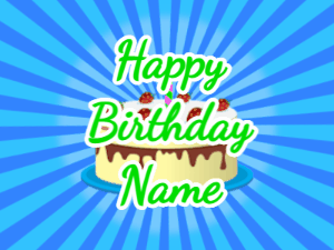 Happy Birthday GIF:blue sunburst,cream cake, green text