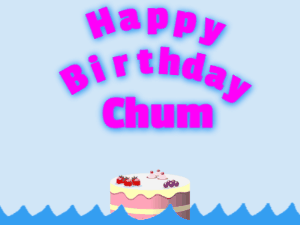 Happy Birthday GIF:Birthday shark gif: fruity cake & purple text