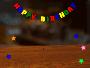 Happy Birthday GIF:chocolate Cake, flying stars on a pub background