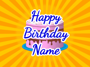 Happy Birthday GIF:yellow sunburst,pink cake, blue text