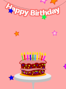 Happy Birthday GIF:Pink birthday GIF with a cartoon cake and stars