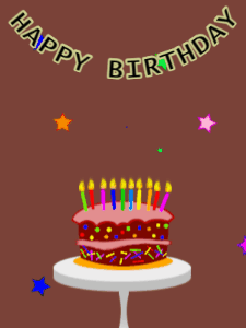 Happy Birthday GIF:Birthday GIF,cartoon cake,brown background,stars & stars