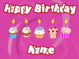 Happy Birthday GIF:Cupcakes for Birthday,purple swirl background,white & red text