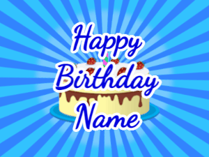 Happy Birthday GIF:blue sunburst,cream cake, blue text
