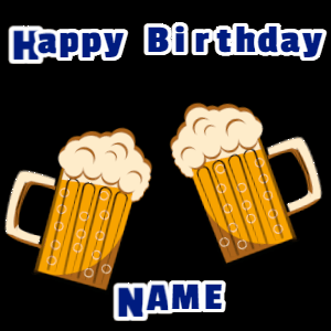Animated Happy Birthday GIF of 2 mugs of beer raised in celebration in front of an explosion of colorful flares.