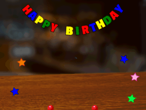 Happy Birthday GIF:chocolate Cake, flying flares on a pub background