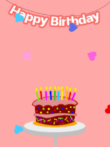 Happy Birthday GIF:Pink birthday GIF with a cartoon cake and stars