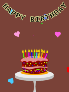 Happy Birthday GIF:Birthday GIF,cartoon cake,brown background,stars & hearts