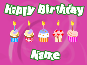 Happy Birthday GIF:Cupcakes for Birthday,purple swirl background,white & green text