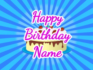 Happy Birthday GIF:blue sunburst,cream cake, purple text