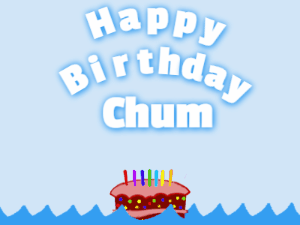 Happy Birthday GIF:Birthday shark gif: cartoon cake & white text