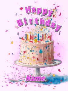 Happy Birthday GIF:Fireworks with Pink birthday cake
