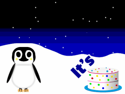 Happy Birthday, birthday-7330 @ Editable GIFs,Penguin: candy cake,yellow text,% 3 fireworks