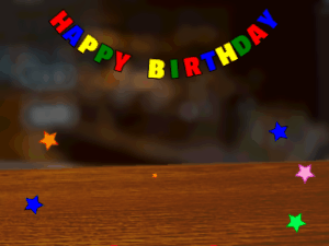 Happy Birthday GIF:chocolate Cake, flying mix on a pub background