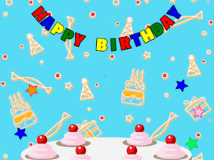 Happy Birthday GIF:pink Cake, flying flares on a blue decor background