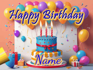 Happy Birthday GIF:Confetti Horn and BDay Cake