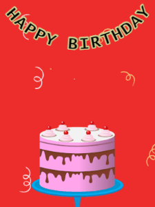 Happy Birthday GIF:Birthday GIF,pink cake,red background,hearts & confetti