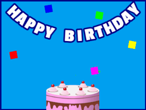 Happy Birthday GIF:A pink cake on blue with blue border & falling hearts