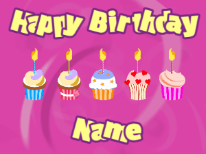 Happy Birthday GIF:Cupcakes for Birthday,purple swirl background,beige & purple text