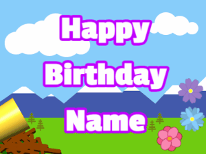 Happy Birthday GIF:Horn, stars, mountains, block, white, purple
