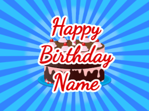 Happy Birthday GIF:blue sunburst,chocolate cake, red text