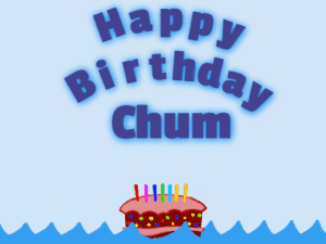 Happy Birthday GIF:Birthday shark gif: cartoon cake & blue text