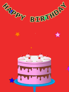 Happy Birthday GIF:Birthday GIF,pink cake,red background,hearts & stars