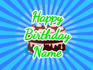 Happy Birthday GIF:blue sunburst,chocolate cake, green text
