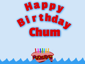 Happy Birthday GIF:Birthday shark gif: cartoon cake & red text