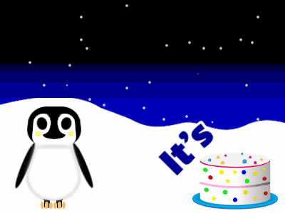 Happy Birthday, birthday-7730 @ Editable GIFs,Penguin: cream cake,orange text,% 3 fireworks