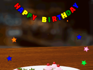 Happy Birthday GIF:fruity Cake, flying stars on a pub background