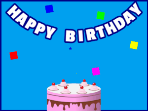 Happy Birthday GIF:A pink cake on blue with blue border & falling stars