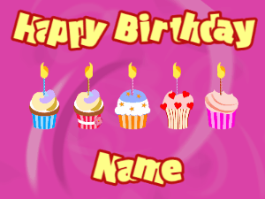 Happy Birthday GIF:Cupcakes for Birthday,purple swirl background,beige & red text