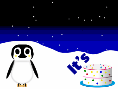 Happy Birthday, birthday-7930 @ Editable GIFs,Penguin: cream cake,orange text,% 3 fireworks