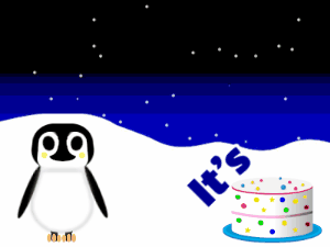 Happy Birthday GIF:Penguin: cream cake,orange text,% 3 fireworks
