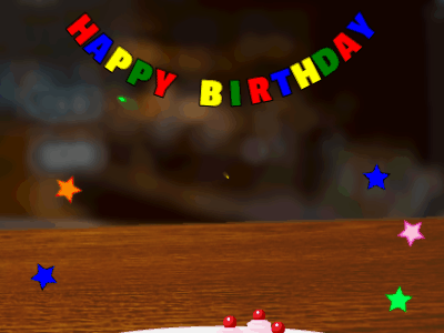 Happy Birthday GIF, birthday-7934 @ Editable GIFs,fruity Cake, flying flares on a pub background