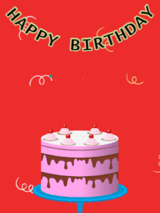 Happy Birthday GIF:Birthday GIF,pink cake,red background,stars & confetti