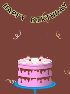 Happy Birthday GIF:Birthday GIF,pink cake,brown background,stars & confetti