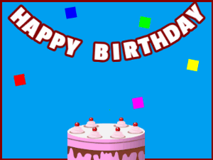 Happy Birthday GIF:A pink cake on blue with red border & falling stars
