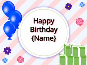 Happy Birthday GIF:blue Balloons, green gift boxes, black text
