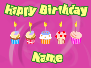 Happy Birthday GIF:Cupcakes for Birthday,purple swirl background,beige & green text