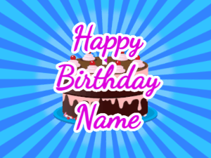 Happy Birthday GIF:blue sunburst,chocolate cake, purple text