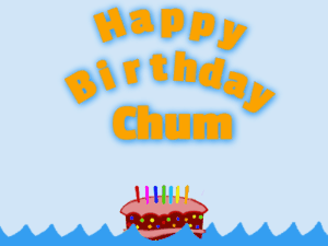 Happy Birthday GIF:Birthday shark gif: cartoon cake & orange text