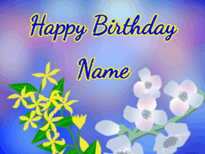 Happy Birthday GIF:Flowers swaying happy birthday on blue background