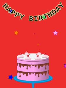 Happy Birthday GIF:Birthday GIF,pink cake,red background,stars & stars